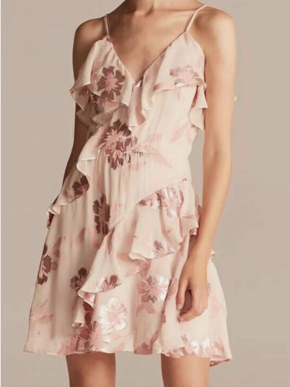 Rebecca Taylor Blush Pink Metallic Floral Ruffle Mini Dress